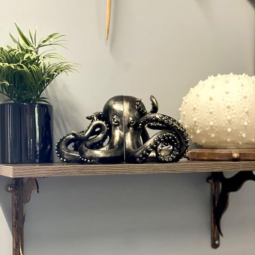 Bronze Octopus Bookends Set of 2 – Nautical Coastal Polyresin Sculptures for Bookshelves, Office, Bedroom, Library – Distressed Painted Finish, Ocean Animal Decor, Unique Gift, Felt Pad Feet - color: Octopus - Bronze