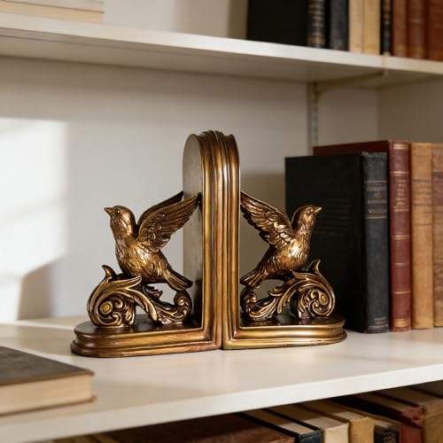 Set of 2 Vintage Bird Bookends, Decorative Bookends for Shelves, Book Ends for Heavy Books (Gold Bird) - color: Gold Bird