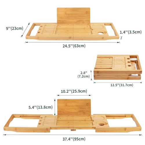 Utoplike Bamboo Bathtub Caddy Tray Bath Tray for Tub, Adjustable Bathroom Bathtub Organizer with Book Tablet Wine Glass Cup Towel Holder (24.5"-37.4") - color: 24.5-37.4 in