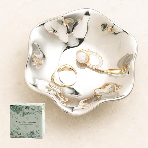 Ceramic Trinket Dish for Jewelry, Lotus Leaf Shape Small Ring Dish Tray, Jewelry Dish Organizer for Necklace Earrings, Home Decor Gift for Mom Best Friend Sister (Electroplated silver) - color: Electroplated silver