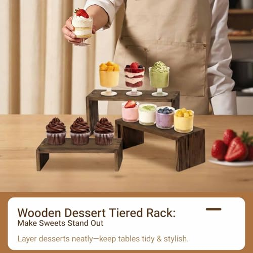 3-Tier Wood Display Risers – Versatile Food Display Risers for Party, Desktop Organizer for Home, Office & Kitchen, Multi-Purpose Wooden Shelf for Plants, Collectibles(9.5/8.5/7.5 in)