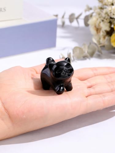 Top Plaza 1 PC Black Obsidian Crystal Cute Cat Figurine Gifts Carved Healing Lucky Home Decor Natural Gemstone Cats Collectibles Pocket Sculpture for Cat Lovers - color: Black Obsidian