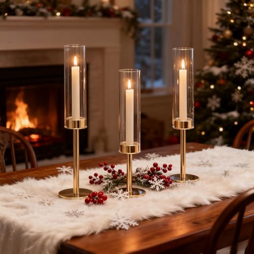 Gold Hurricane Candle Holders Set of 3, Tall Metal & Windproof Glass Taper Candle Holders, Brass Candlesticks Holder Decorations, Table Centerpieces for Weddings, Christmas, Parties, Fireplace Decor - color: Gold
