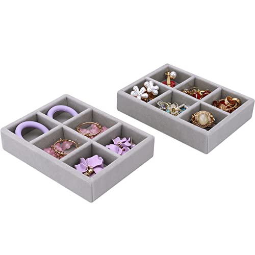 DesignSter Small Jewelry Tray, 2PCS Ring Organizer, Velvet Jewelry Display Tray, Stackable Jewelry Organizer Trays, Jewelry Drawer Organizer Inserts For Dresser, Jewelry Box (Gray) - color: Gray, size: 6 Grids