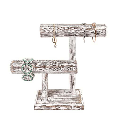 Ikee Design 2 Tier Wooden Jewelry Bracelet Watch Display Tower, Bangle Scrunchie Necklace Holder Storage Stand, 7.9 W x 4.3 D x 9.4 H in, Antique White Color - color: Antique White