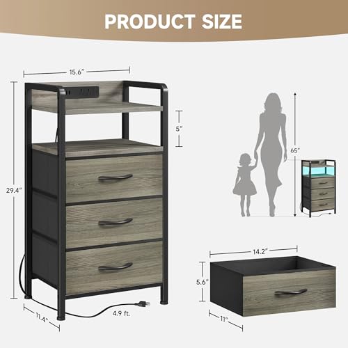 Lazzanto Night Stand with Charger Station - Grey Nightstand with LED Light Strip, Morden Bedside Table with USB Ports & AC Outlets, End Table with Storage Shelf & 3 Fabric Drawers - color: Grey, size: 3 Drawers