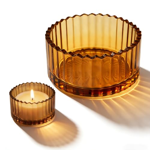 Glass Candle Holder Dish – Amber Glass Candle Holder with Striped Design for Home Decor,Snack Jewelry Holde Dish Accessories Updated Style Brown - color: Brown