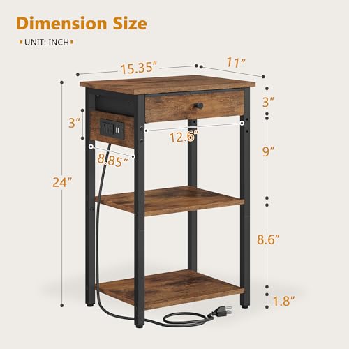 Gewudraw Printer Stand with Charging Station, 3-Tier Under Desk Printer Table, End Table with Storage Shelves for Home Office, Living Room,Bedroom,Bathroom,Brown - color: Rustic Brown, size: 3 layer & CS