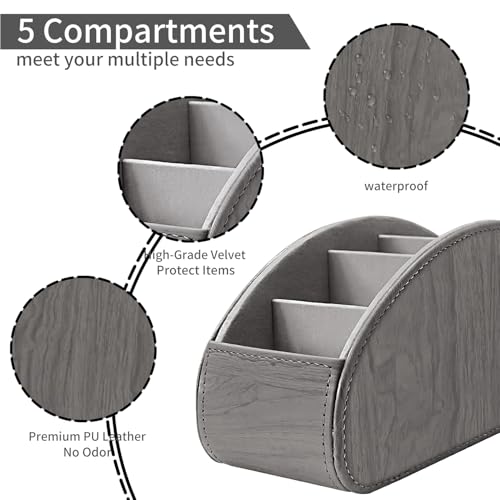 Remote Control Holder, Leather 5 Rooms Desk Organizer and Decorations for Living Room, Bedside Storage Remotes Caddy for TV Controllers/ Makeup Brush Pen/ Office Stationery/ Art Supplies/ Eyeglasses - color: Grey wood grain, size: Small