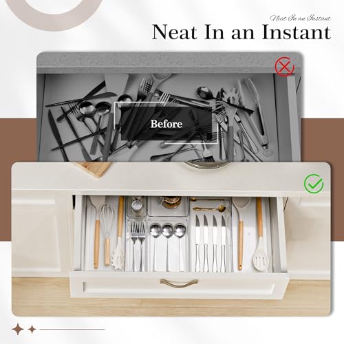 Criusia 14 PCS Clear Plastic Drawer Organizer Set - 5 Large Size Versatile Kitchen and Bathroom Organizer Trays, Non-Slip Storage Bins for Makeup, Utensils, Tool and Office Desk - size: 14PACK
