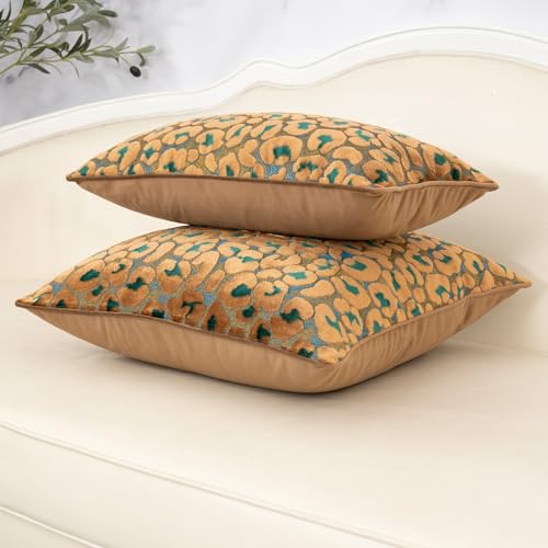 Alerfa Green Brown Floral Throw Pillow Cover 20 x 20 Inch Cut Velvet Sqaure Luxury Decorative Pillow Cover for Couch Living Room Bedroom - color: Green Brown, size: 20" x 20" (Pack of 1)