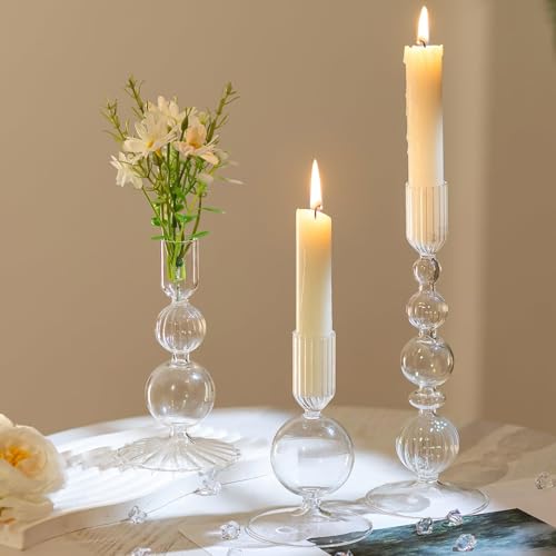 Hewory Glass Candlestick Holders Set: 3PCS Clear Candle Holder Taper Candle Holders Bulk, Crystal Ribbed Candle Sticks Holder Decor for Table Centerpiece Wedding Christmas Thanksgiving Dinner - color: Clear