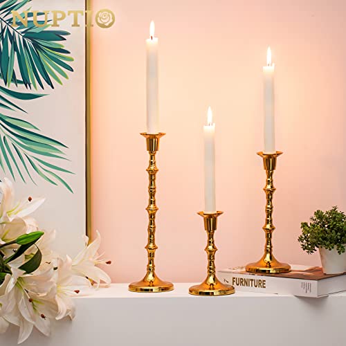 Nuptio Brass Candlestick Holders for Centerpiece: Set of 3 Gold Taper Candle Stick Holders for Home Dining Table Fireplace Decor - color: Gold, size: 1 set/ 3 pcs