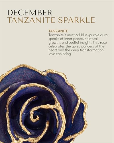 Forever Rose Hand-Dipped in 24K Gold, Tanzanite-Inspired December Birthstone with Sparkles, Real Rose in Luxury Gold Gift Box & Clear Glass Bud Vase, Perfect Ready for December Birthday - Any Occasion - color: December Tanzanite
