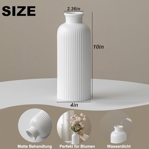 White Ribbed Ceramic Vase for Flowers, Modern Textured Decorative Vase, 10 Inch Tall, Farmhouse Style Home Decor (Matte Glaze White) - color: Matte Glaze White
