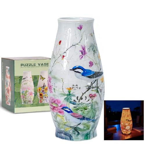 3D Puzzles Vase with LED Light, Creative Puzzle Vases Adult Crafts DIY Decorative Flower Vase for Home Decor Unique Gifts for Housewarming Christmas Mother s Day - color: Peony Birds