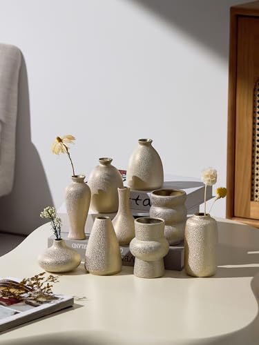 Set of 9 Ceramic Bud Vases for Pampas Grass Flowers, Small Vases in Bulk for Centerpieces Boho Vases for Wedding Decorations Neutral Living Room and Bedroom Decor DIY Gift (Gold) - color: Gold