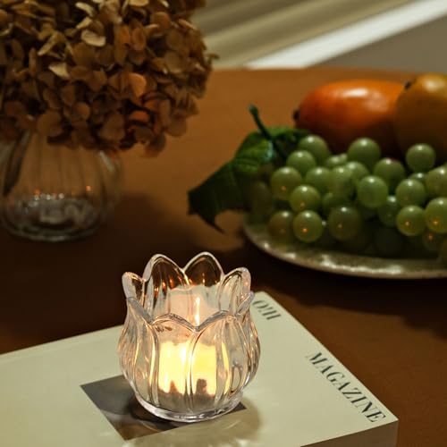 Elsjoy Set of 12 Tulip Glass Votive Candle Holders, Decorative Tea Light Candle Holders, Clear Glass Flower Tealight Candle Holder for Table Centerpieces, Wedding Decor