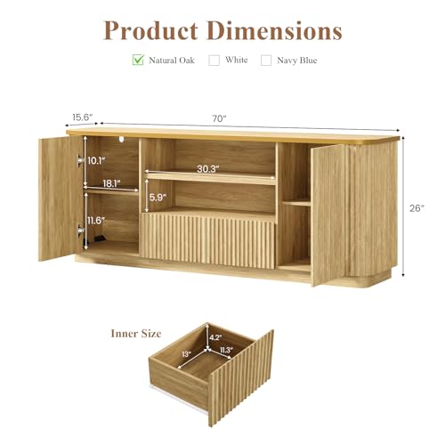 QUW 70" Fluted TV Stand for TVs Up to 80", Modern Entertainment Center with 2 Drawers & Cabinets, TV Console with Curved Profile Design, Luxury Wooden Media Console for Living Room, Natural Oak - color: Natural Oak