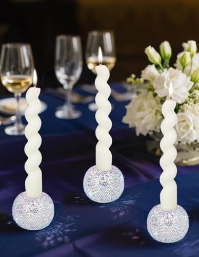 Vixdonos Round Resin Rhinestones Candlestick Holders Set of 3 Ceramic Candle Holder Bulk for Taper Candles,Silver - color: Rhinestones-silver