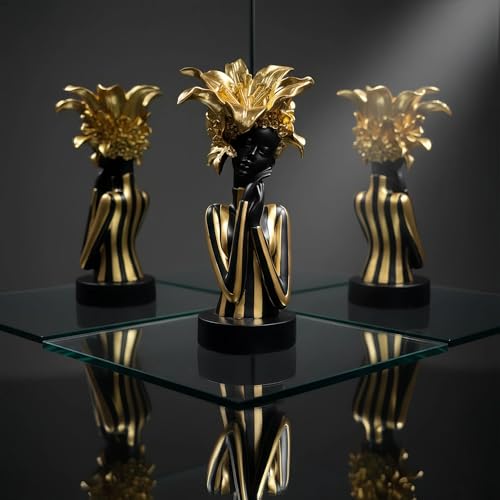 Lescafita African Woman Art Sculpture with Gold Floral Crown, Exquisite African Statue, Emotional Modern Home Art Gift for Various Settings Such as Home, Bookshelves, desks, or Offices(7.68 inch - color: 711-gold S