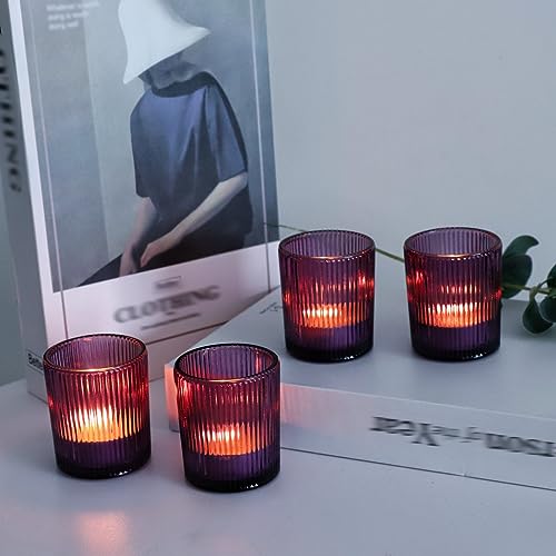 VOHO 12pcs Purple Votive Candle Holders for Christmas Holiday Decorations, Vintage Glass Votive Candle Holder for Coffee Table Centerpiece, Ribbed Tealight Candle Holder for Birthday Gifts - color: Purple