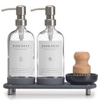 [Luxury] Kitchen Soap Dispenser Set - 16OZ Clear Glass Bottle, Stainless Steel Pump, Instant Dry Tray, Waterproof Labels, Non-Slip Silicone Pad, and Dish Brush | Upgrade for Your Kitchen and Bathroom - color: Transparent Bottle + Silver Pump