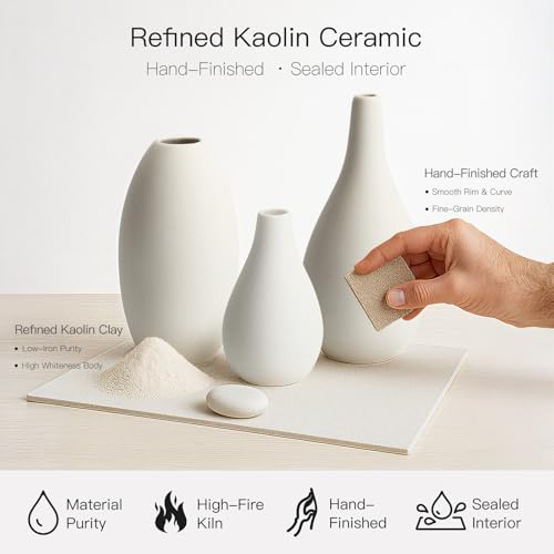 BEAHOT Ceramic Vases Set of 6, White Contemporary Decorative Flower Vases, Modern Design for Living Room - size: 6 set