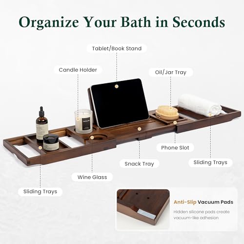 Teak Bathtub Tray, Bath Caddy with Wine Glass Holder, Phone Dock & Book Stand | Hands-Free Reading & Ultimate Spa Relaxation Experience-Brown - color: Classic Brown Teak