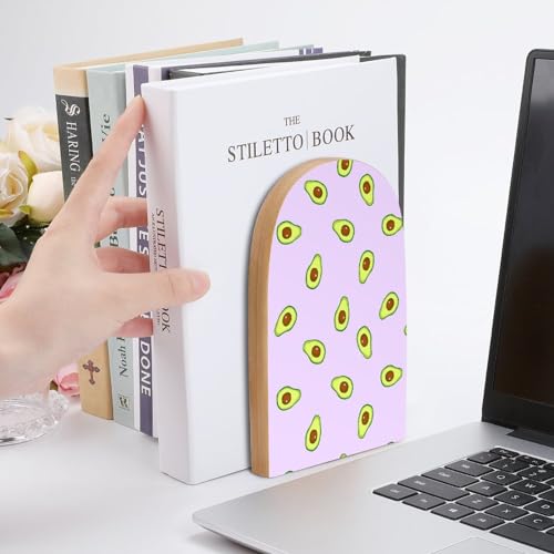 Wooden Bookends 2 Pcs,Avocado Purple Pattern Heavy Duty Office Book Ends Anti Slip Book Shelf Holder with Metal Base Decorative Book Stands - color: Avocado Purple Pattern