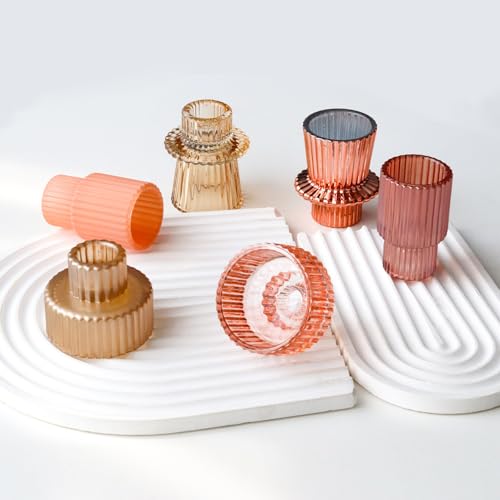Pink Candlestick Holders 6PCS for Tealight Candle Stick Candles, Ribbed Glass Taper Candle Holders Set, Table Centerpieces for Weddings Christmas Home Decor Indoor and Outdoor - color: Pink