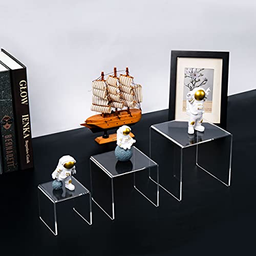 HIIMIEI Clear Acrylic Display Risers 2 Sets, 3-Tier Risers Stands Showcase for Amiibo Funko Pop Figures, Dessert, Jewelry-3"x4"x5" - size: 3"x4"x5"