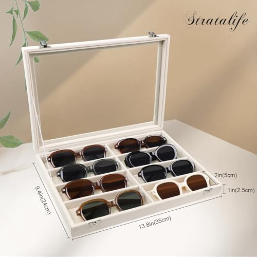 Stratalife Sunglasses Organizer Sunglass Display Tray Jewelry Tray with Lid Sunglasses Storage Case Drawer Watch Box for Men and Women Beige (8 Grids) - color: Beige, size: 8 Grid
