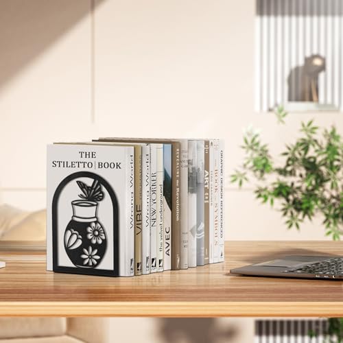Aertiavty 2 Pcs Bookends for Shelves, Large Heavy-Duty Morden Vase Book Ends, Non-Skid Butterfly Bookends, Decorative Book Holder for Home Office, Metal Black Floral Book Stopper, 1 Pair - style: Butterfly Vase