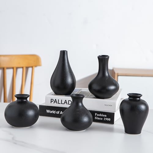 Black Ceramic Bud Vase Set of 5, Mini Vases for Flowers, Decorative Small Vases for Home Decor, Boho Wedding Centerpieces, Living Room, Dining Table & Shelf Decor - color: F-small Black Vase Set of 5