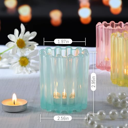 HAVITI Glass Pink Votive Candle Holder, Blue Baby Shower Ribbed Frosted Votive Candle Holders Set of 12, Mixed Color Tealight Candle Holder for Wedding Centerpieces Dinner Party Table Decor - color: Pink&blue&yellow