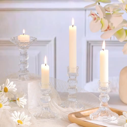 DARJEN 6Pcs Clear Candlestick Holders Set - 4" H & 5" H Striped Taper Candle Holders Bulk, Glass Candle Holders for Wedding, Festival, Party, Table Centerpiece, Gifts - color: Clear, size: Striped Pattern