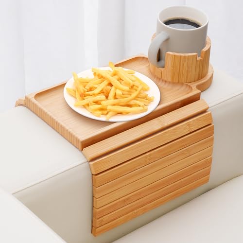 SINWANT Couch Cup Holder Tray,Large Bamboo Couch Armrest Table with Cup Holder,Foldable Anti-Slip Sofa Arm Tray for Coffee Cup,Water Bottles,Mug,Snacks,Remote - color: Bamboo