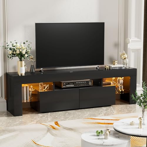 YESHOMY Modern Black LED TV Stand for Televisions up to 70 Inch with Glass Shelves and Drawer, Gaming Entertainment Center with Multiple Dynamic RGB Modes, for Livingroom, Bedroom, 60 Inch, Black - color: Black
