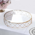 Efavormart 14" Round Gold Metal Geometric Cake Stand with Glass Top - Glossy Metallic Dessert Riser for Cupcake, Pastry and Candy Display Centerpiece