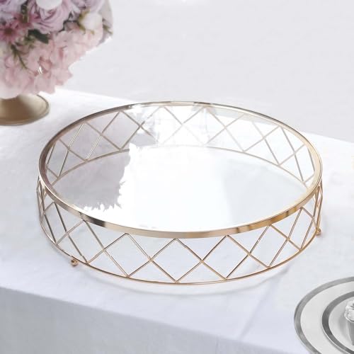 Efavormart 14" Round Gold Metal Geometric Cake Stand with Glass Top - Glossy Metallic Dessert Riser for Cupcake, Pastry and Candy Display Centerpiece