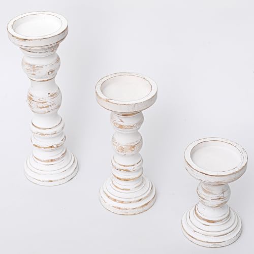 SWALLOWLIVING Rustic Farmhouse Wood Pillar Candle Holder Set of 3 for Candlestick, White - color: White
