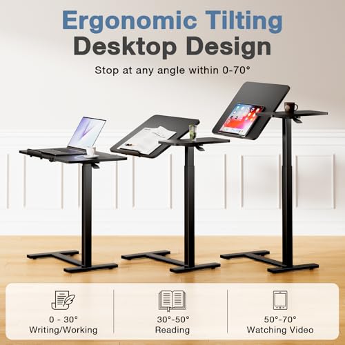 DUMOS Overbed Bedside Table Adjustable with Wheels, Mobile Standing Stand Up Rolling Laptop PC Desks with Tilting Top Height Tray Sofa Side Computer Workstation for Bedroom on Hospital Home Use, Black