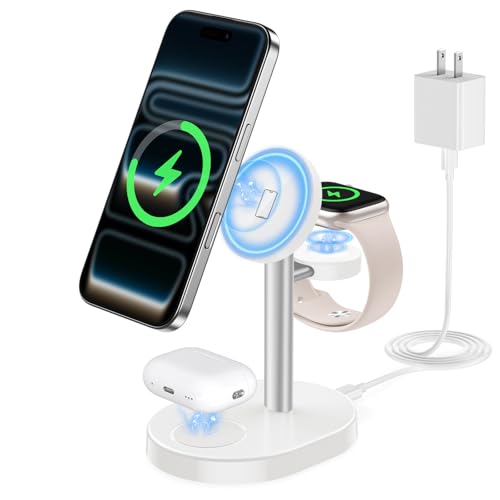 Hevanto 2026 3 in 1 Wireless Charging Station for Apple MagSafe Charger, 15W Fast Magnetic Mag-Safe Charger Stand for iPhone 17 16 15 14 13 12 Apple Watch AirPods Series, Gray&White - color: Gray&White