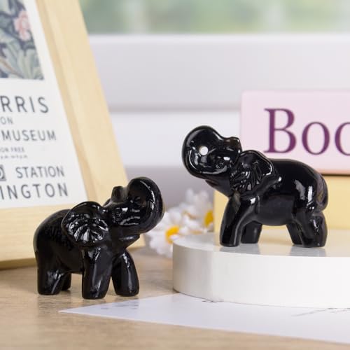 2 Inch Black Obsidian Crystal Elephant Sculpture Handcrafted Healing Stone Animal Figurine Spiritual Home Decor Lucky Charm Gift for Wealth Success Positive Energy and Meditation Lovers - color: Black Obsidian Elephant-02