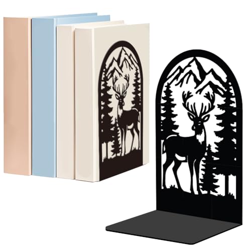 WADORN 1 Pair Forest Deer Metal Bookends for Shelves Decorative, Rustic Mountain Forest Heavy Duty Metal Decorative Book Ends Non-Skid Black L-Shaped Book Stopper for Library Home, 5.3x4.3x7.9 Inch