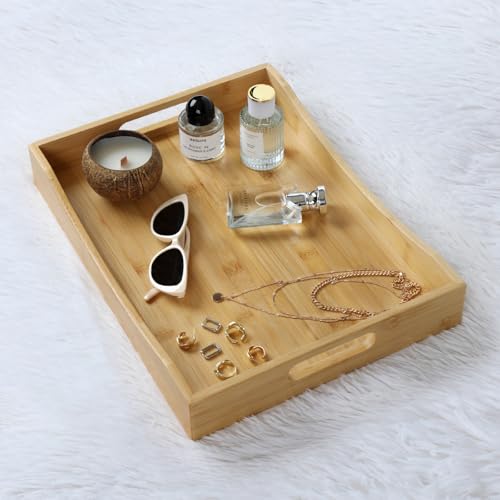 Gobam Bamboo Serving Tray with Handles (16.5-Inch), Solid Decorative Wood Tray for Ottoman Coffee Table, Natural Rectangle Breakfast in Bed Tray for Eating, Food and Drinks Platter - color: Natural, size: 16.5" x 12.4" x 2.4"