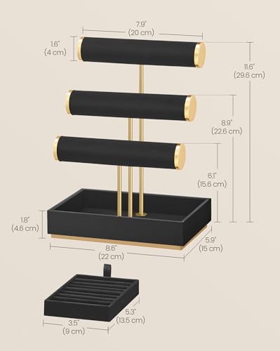 SONGMICS Bracelet Holder Stand, Jewelry Display Stand, Jewelry Organizer, with 3 Tiers and Velvet Tray, Removable Ring Holder, Ink Black UJJS027B01 - color: Ink Black