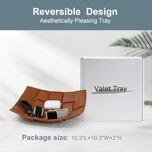 Valet Tray PU Leather Key Holder Bowl for Men and Women Entryway Table Nightstand Catchall Storage Organizer EDC Dump Tray for Wallet, Keys, Coins Men's Gift - Brown, 9.8" L x 9.8" W x 2" H - color: Brown
