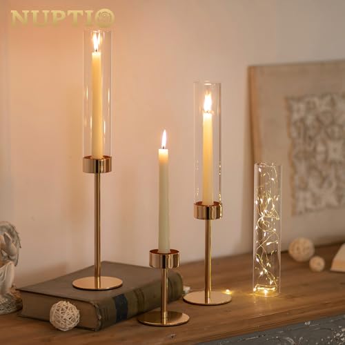 NUPTIO Hurricane Candle Holder for Candlestick: 6 Pcs Gold Taper Candlestick Holders - Tall Modern Candles Stick Decor with Cylinder Shape Cover for Dinner Table Centerpiece - color: Clear, size: 6pcs